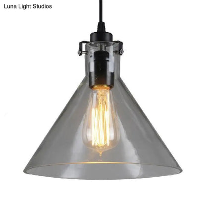 1-Light Cone Shaped Pendant Lighting - Factory Black with Yellow, Clear, or Smoked Glass - Hanging Light Fixture