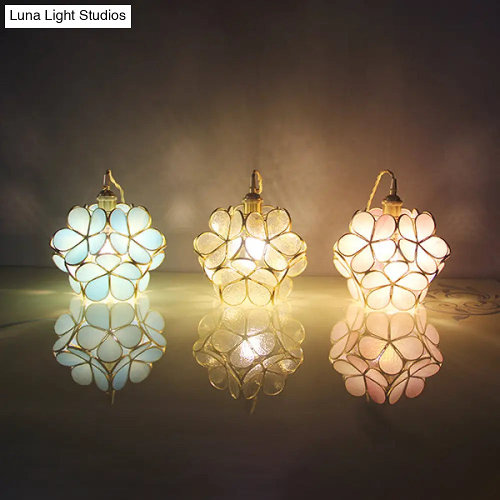 1 Light Flower Hanging Ceiling Light Tiffany Style Blue/Clear/Pink Stainless Glass Suspension Pendant Light