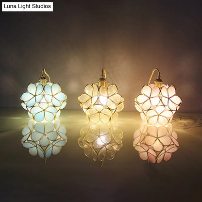 DecorBites™ مصباح سقف معلق على شكل زهرة من مصباح واحد على طراز تيفاني، أزرق/شفاف/وردي، مصنوع من زجاج مقاوم للصدأ