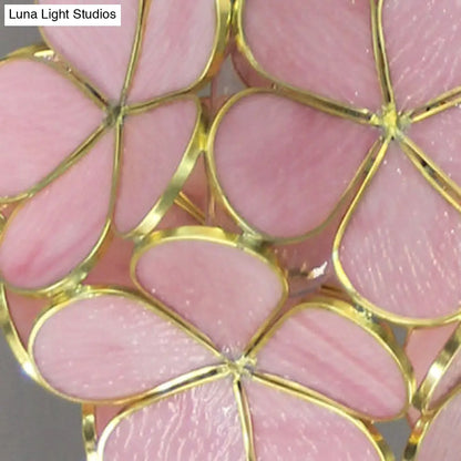 DecorBites™ مصباح سقف معلق على شكل زهرة من مصباح واحد على طراز تيفاني، أزرق/شفاف/وردي، مصنوع من زجاج مقاوم للصدأ