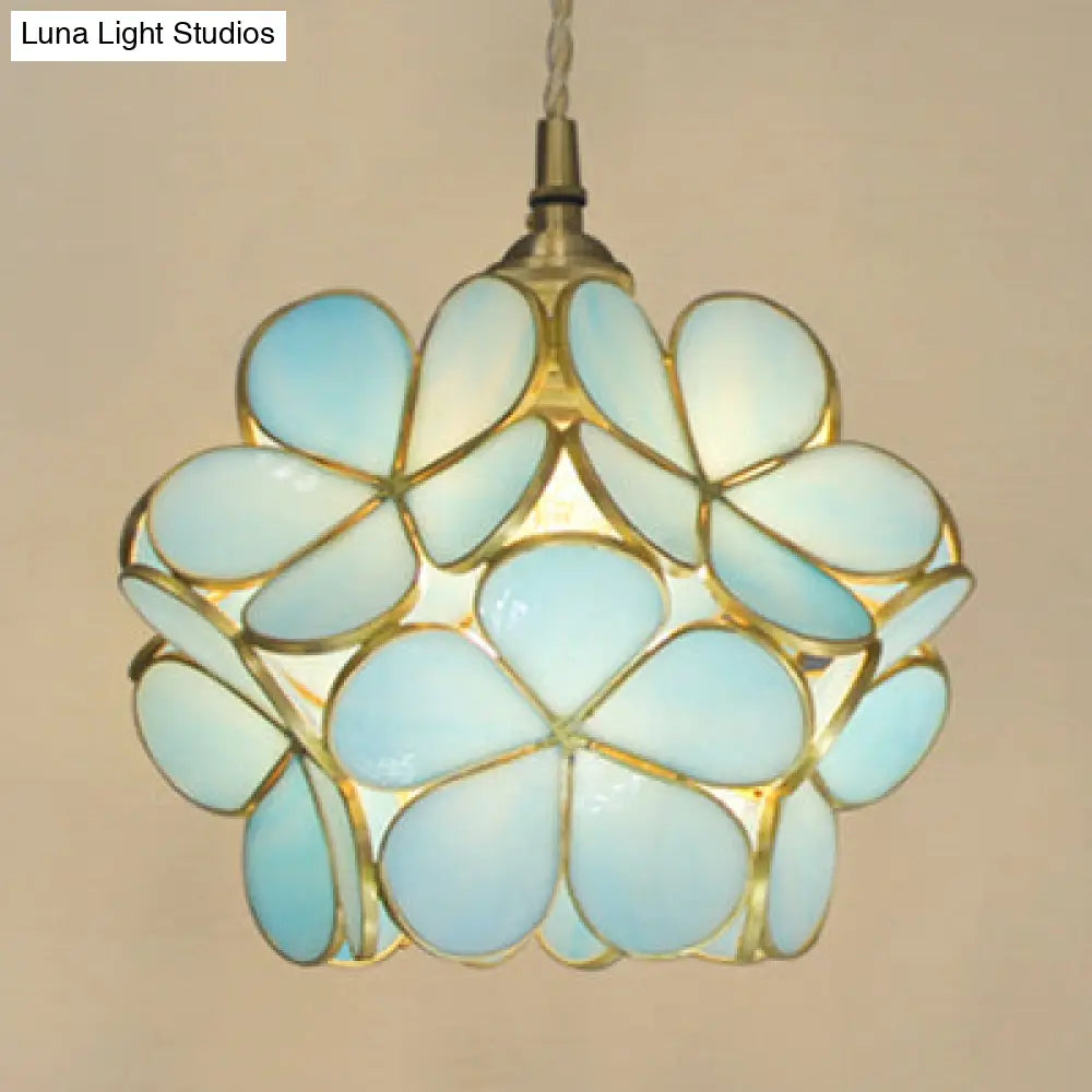 1 Light Flower Hanging Ceiling Light Tiffany Style Blue/Clear/Pink Stainless Glass Suspension Pendant Light