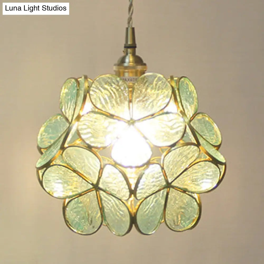 1 Light Flower Hanging Ceiling Light Tiffany Style Blue/Clear/Pink Stainless Glass Suspension Pendant Light