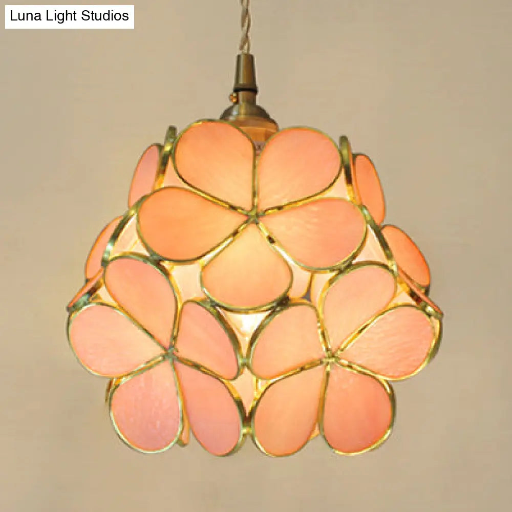1 Light Flower Hanging Ceiling Light Tiffany Style Blue/Clear/Pink Stainless Glass Suspension Pendant Light