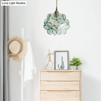 DecorBites™ مصباح سقف معلق على شكل زهرة من مصباح واحد على طراز تيفاني، أزرق/شفاف/وردي، مصنوع من زجاج مقاوم للصدأ