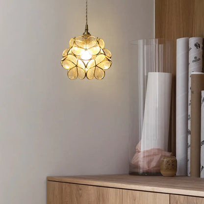 DecorBites™ مصباح سقف معلق على شكل زهرة من مصباح واحد على طراز تيفاني، أزرق/شفاف/وردي، مصنوع من زجاج مقاوم للصدأ