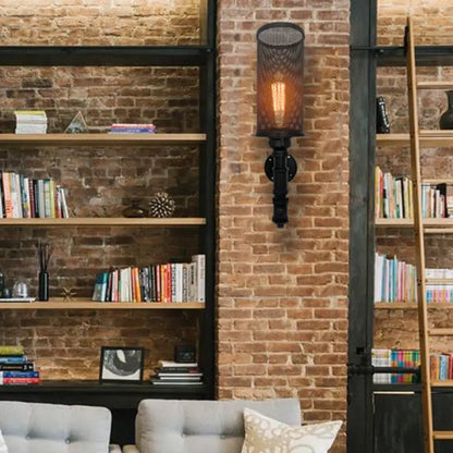 Aplique de pared industrial de malla metálica negra de 1 luz para dormitorio