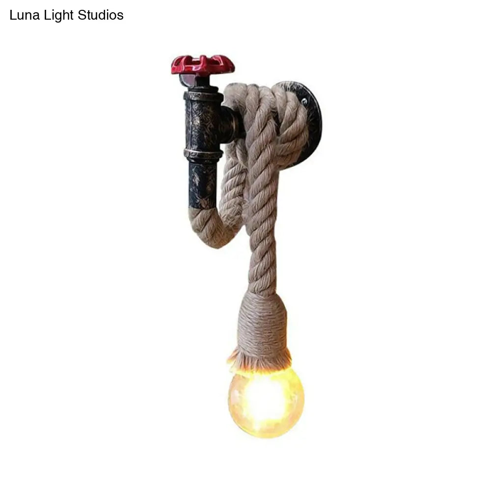 1-Light Industrial Faucet Wall Light Fixture with Hemp Rope for Wine Bar