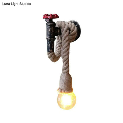 1-Light Industrial Faucet Wall Light Fixture with Hemp Rope for Wine Bar