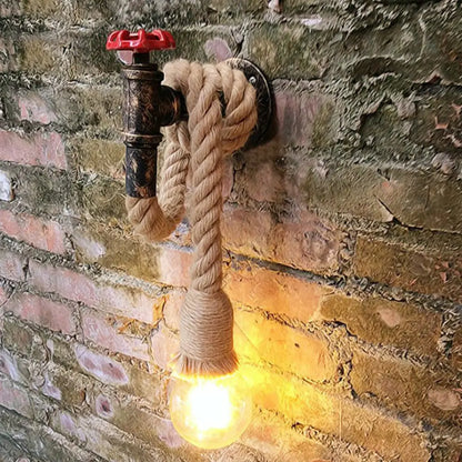 1-Light Industrial Faucet Wall Light Fixture with Hemp Rope for Wine Bar