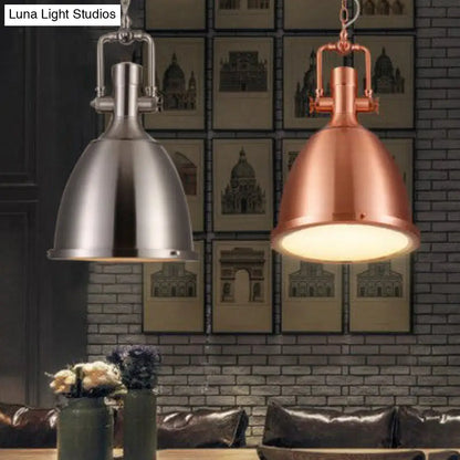 1-Light Industrial Pendant Lamp with Nickel/Copper Finish, Metal Dome Shade, Chain & Glass Diffuser