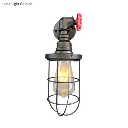 1-Light Industrial Wall Sconce with Cage Metallic Shade in Black/Rust for Corridors