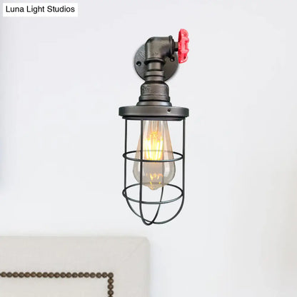1-Light Industrial Wall Sconce with Cage Metallic Shade in Black/Rust for Corridors