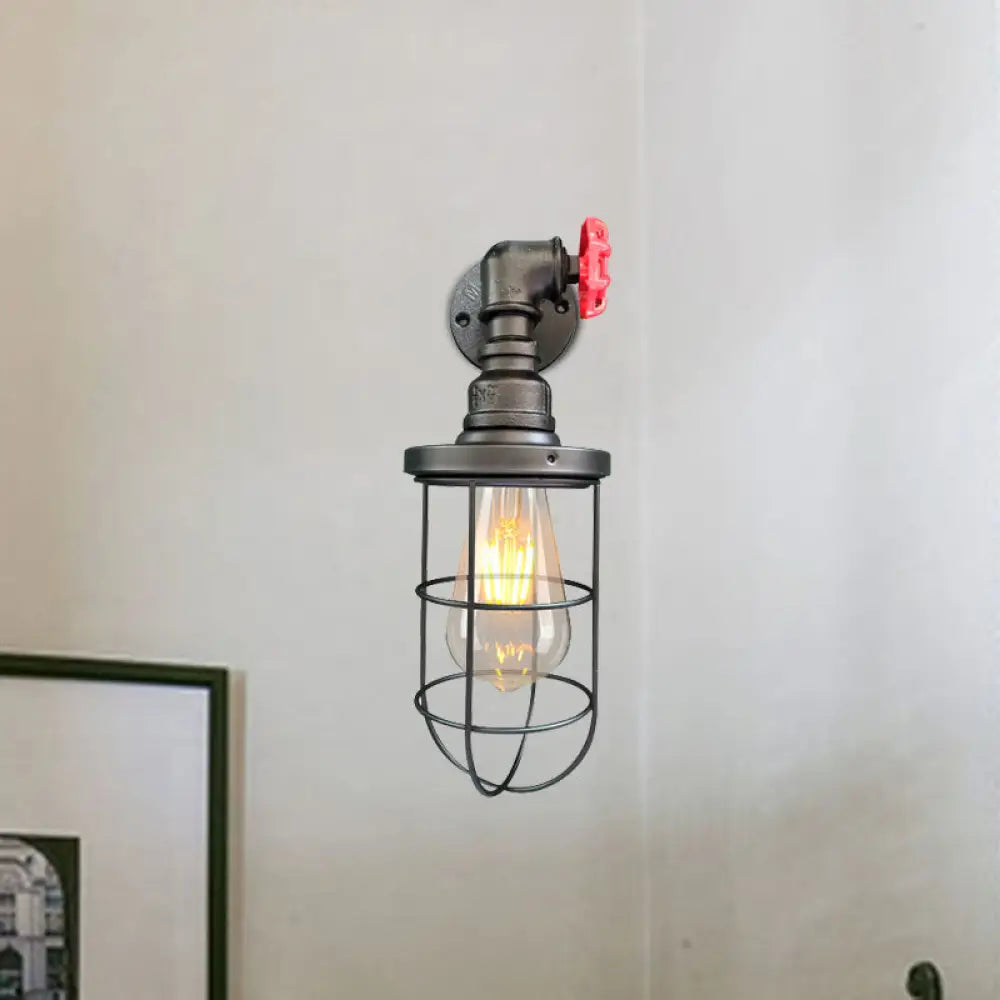 1-Light Industrial Wall Sconce with Cage Metallic Shade in Black/Rust for Corridors