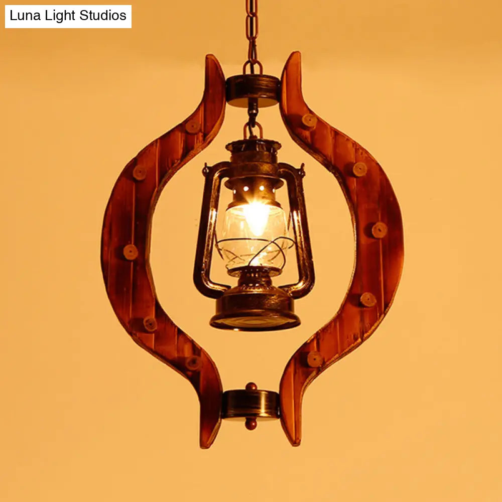 1-Light Iron Hanging Lantern: Warehouse Brass Pendant Lamp with Clear Glass and Wood Frame