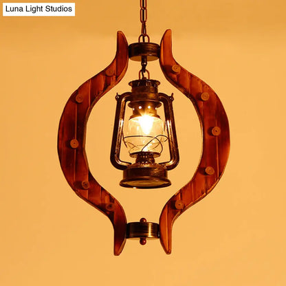 1-Light Iron Hanging Lantern: Warehouse Brass Pendant Lamp with Clear Glass and Wood Frame