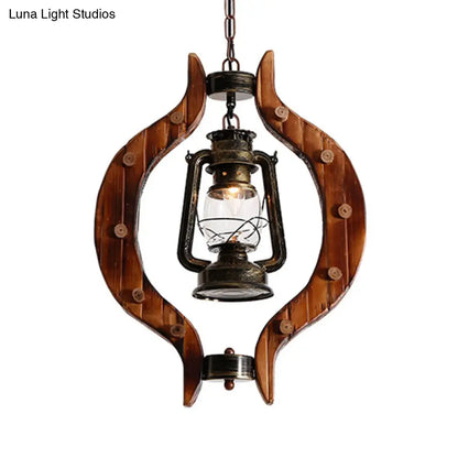 1-Light Iron Hanging Lantern: Warehouse Brass Pendant Lamp with Clear Glass and Wood Frame