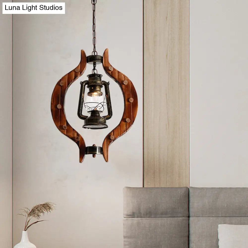 1-Light Iron Hanging Lantern: Warehouse Brass Pendant Lamp with Clear Glass and Wood Frame