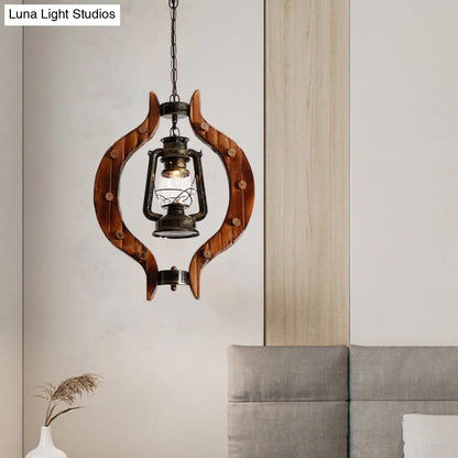 1-Light Iron Hanging Lantern: Warehouse Brass Pendant Lamp with Clear Glass and Wood Frame