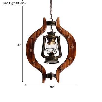 1-Light Iron Hanging Lantern: Warehouse Brass Pendant Lamp with Clear Glass and Wood Frame