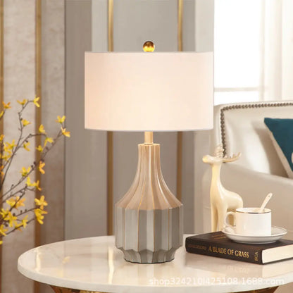 1-Light Lodge Beige/White Fabric Table Lamp with Pot Base - Perfect for Bedroom Nightstands