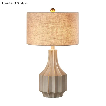 1-Light Lodge Beige/White Fabric Table Lamp with Pot Base - Perfect for Bedroom Nightstands