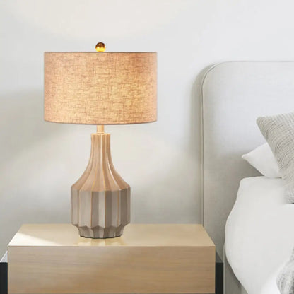 1-Light Lodge Beige/White Fabric Table Lamp with Pot Base - Perfect for Bedroom Nightstands