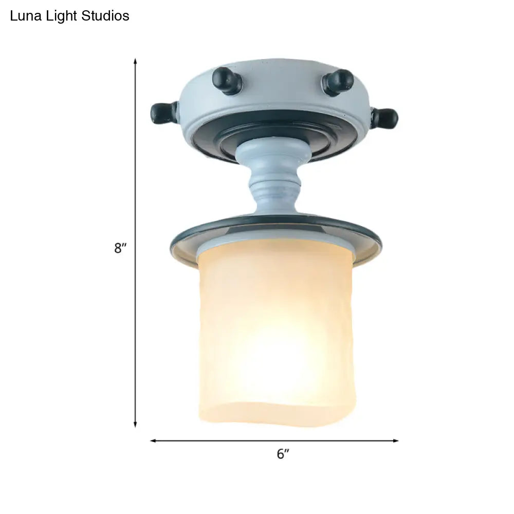 1-Light Mediterranean Blue Corridor Semi-Flush Mount with Opal Glass Shade