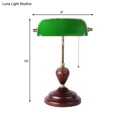 1-Light Red Brown Retro Table Lamp with Green Glass Half Cylinder and Pull Chain