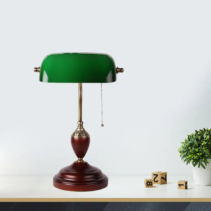 1-Light Red Brown Retro Table Lamp with Green Glass Half Cylinder and Pull Chain