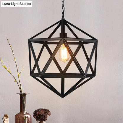 1-Light Retro Industrial Pendant Ceiling Light with Prism Cage and Metallic Finish