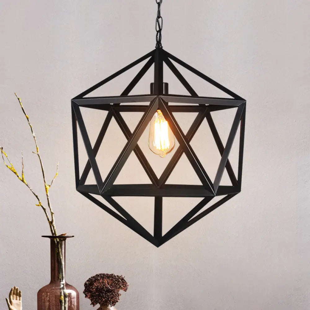 1-Light Retro Industrial Pendant Ceiling Light with Prism Cage and Metallic Finish