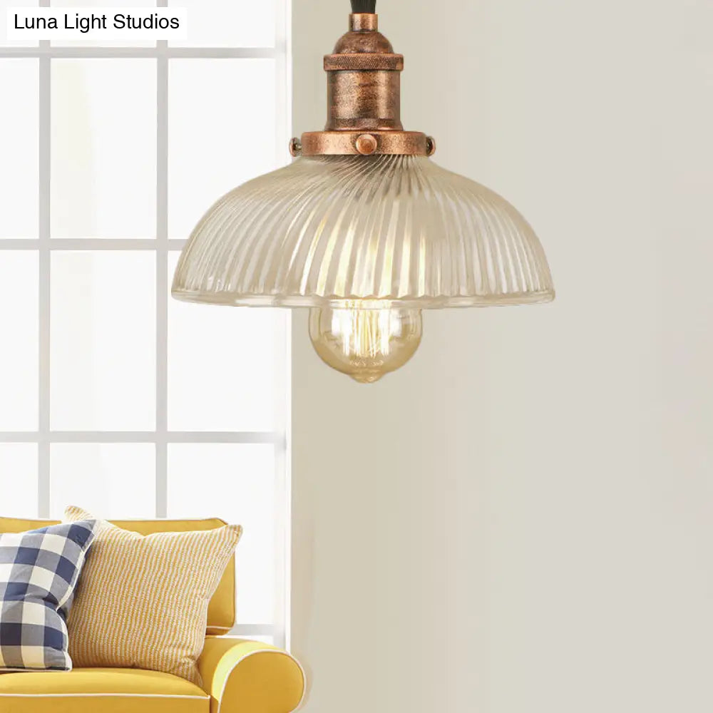 1-Light Ribbed Glass Dome Pendant Ceiling Light for Industrial & Rustic Settings.