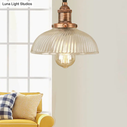 1-Light Ribbed Glass Dome Pendant Ceiling Light for Industrial & Rustic Settings.