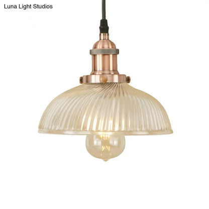 1-Light Ribbed Glass Dome Pendant Ceiling Light for Industrial & Rustic Settings.