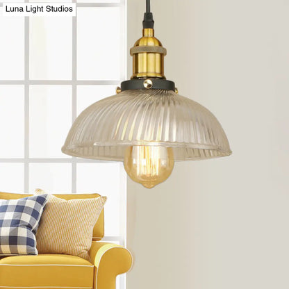 1-Light Ribbed Glass Dome Pendant Ceiling Light for Industrial & Rustic Settings.