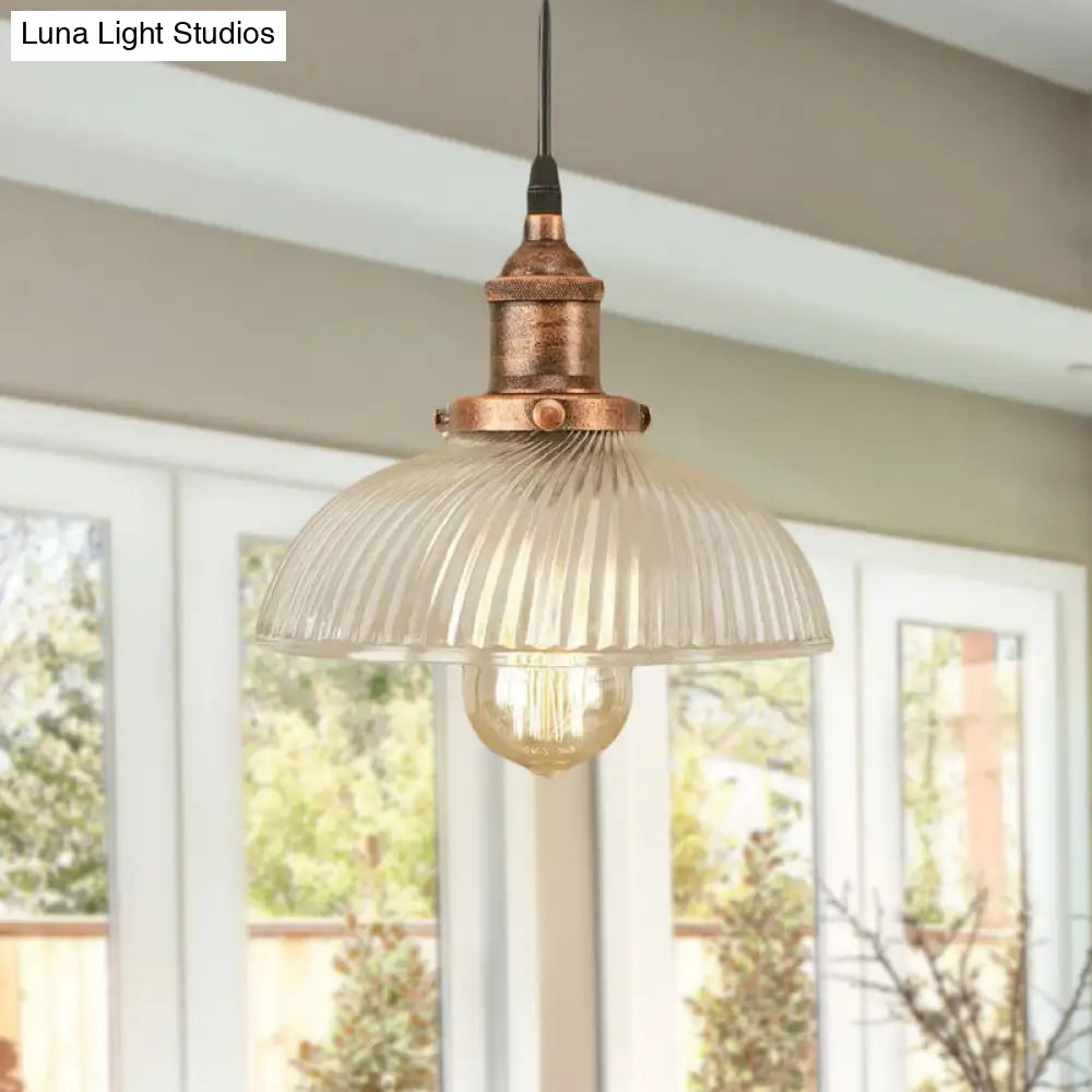 1-Light Ribbed Glass Dome Pendant Ceiling Light for Industrial & Rustic Settings.