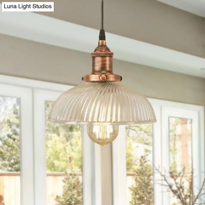 1-Light Ribbed Glass Dome Pendant Ceiling Light for Industrial & Rustic Settings.