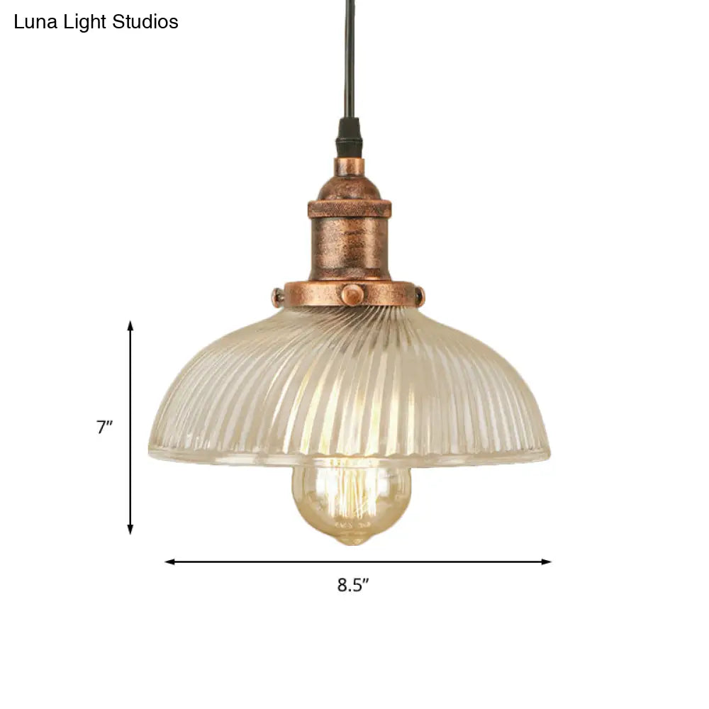 1-Light Ribbed Glass Dome Pendant Ceiling Light for Industrial & Rustic Settings.