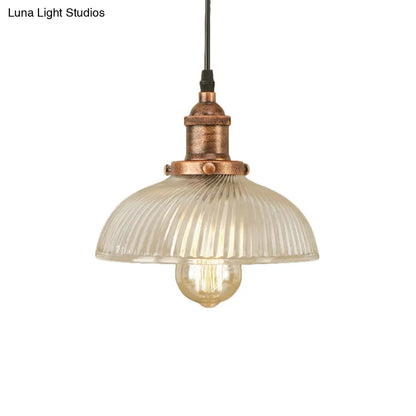 1-Light Ribbed Glass Dome Pendant Ceiling Light for Industrial & Rustic Settings.