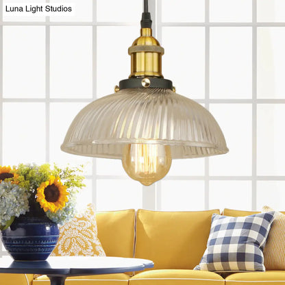 1-Light Ribbed Glass Dome Pendant Ceiling Light for Industrial & Rustic Settings.