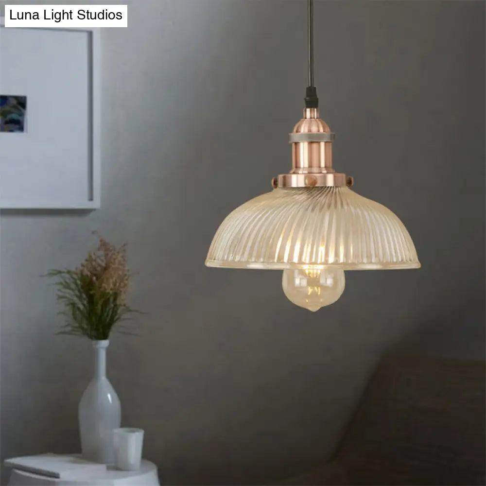 1-Light Ribbed Glass Dome Pendant Ceiling Light for Industrial & Rustic Settings.