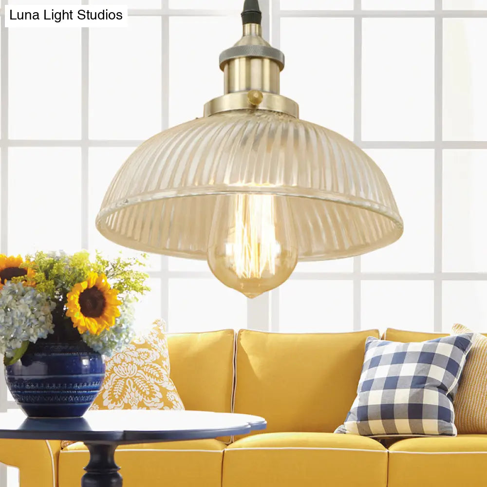 1-Light Ribbed Glass Dome Pendant Ceiling Light for Industrial & Rustic Settings.