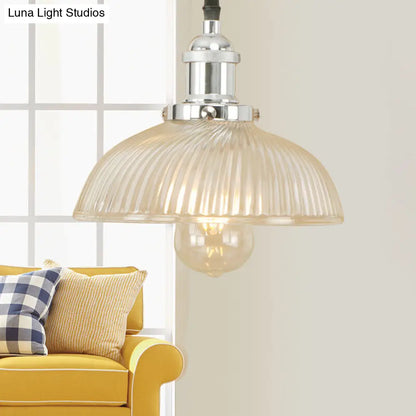 1-Light Ribbed Glass Dome Pendant Ceiling Light for Industrial & Rustic Settings.