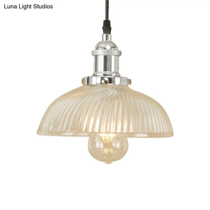 1-Light Ribbed Glass Dome Pendant Ceiling Light for Industrial & Rustic Settings.