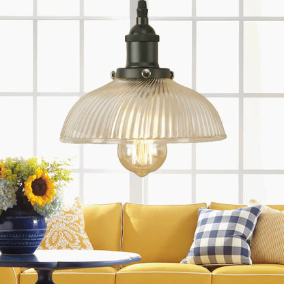 1-Light Ribbed Glass Dome Pendant Ceiling Light for Industrial & Rustic Settings.