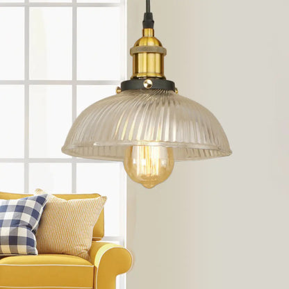 1-Light Ribbed Glass Dome Pendant Ceiling Light for Industrial & Rustic Settings.