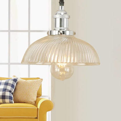 1-Light Ribbed Glass Dome Pendant Ceiling Light for Industrial & Rustic Settings.