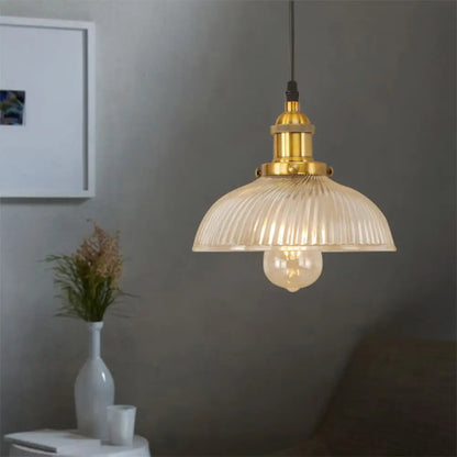 1-Light Ribbed Glass Dome Pendant Ceiling Light for Industrial & Rustic Settings.