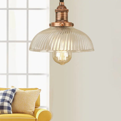 1-Light Ribbed Glass Dome Pendant Ceiling Light for Industrial & Rustic Settings.