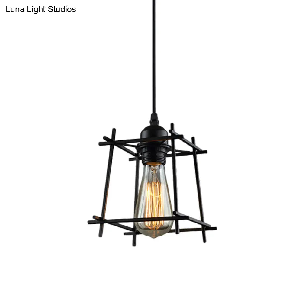 1-Light Rustic Suspension Lamp: Metal Black Trapezoid/Lotus Leaf Design, Perfect for Living Room